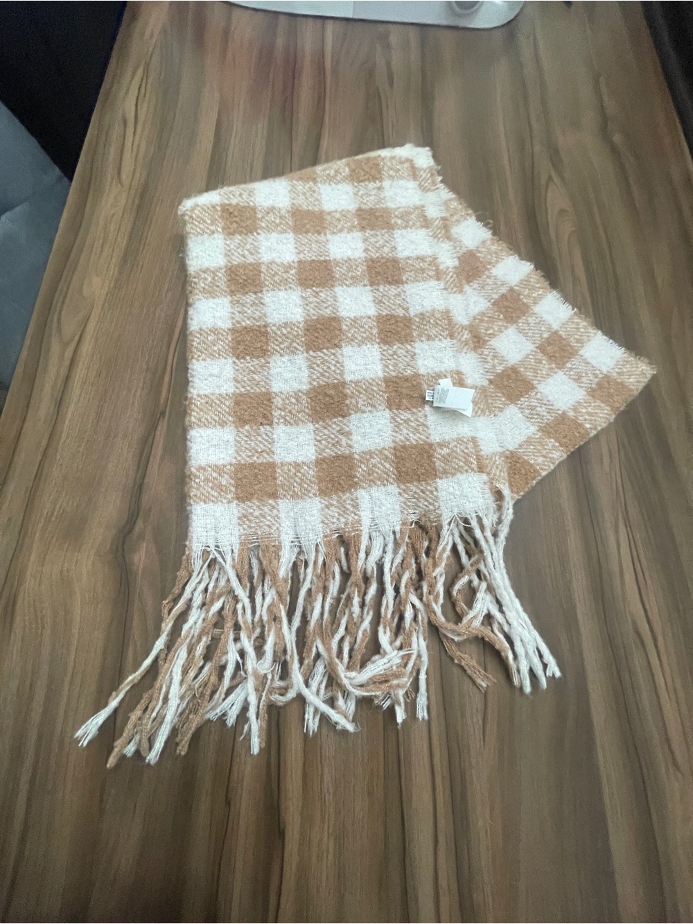 Aerie Blanket Oversized Plaid Fringe Ends Scarf Cream and Tan